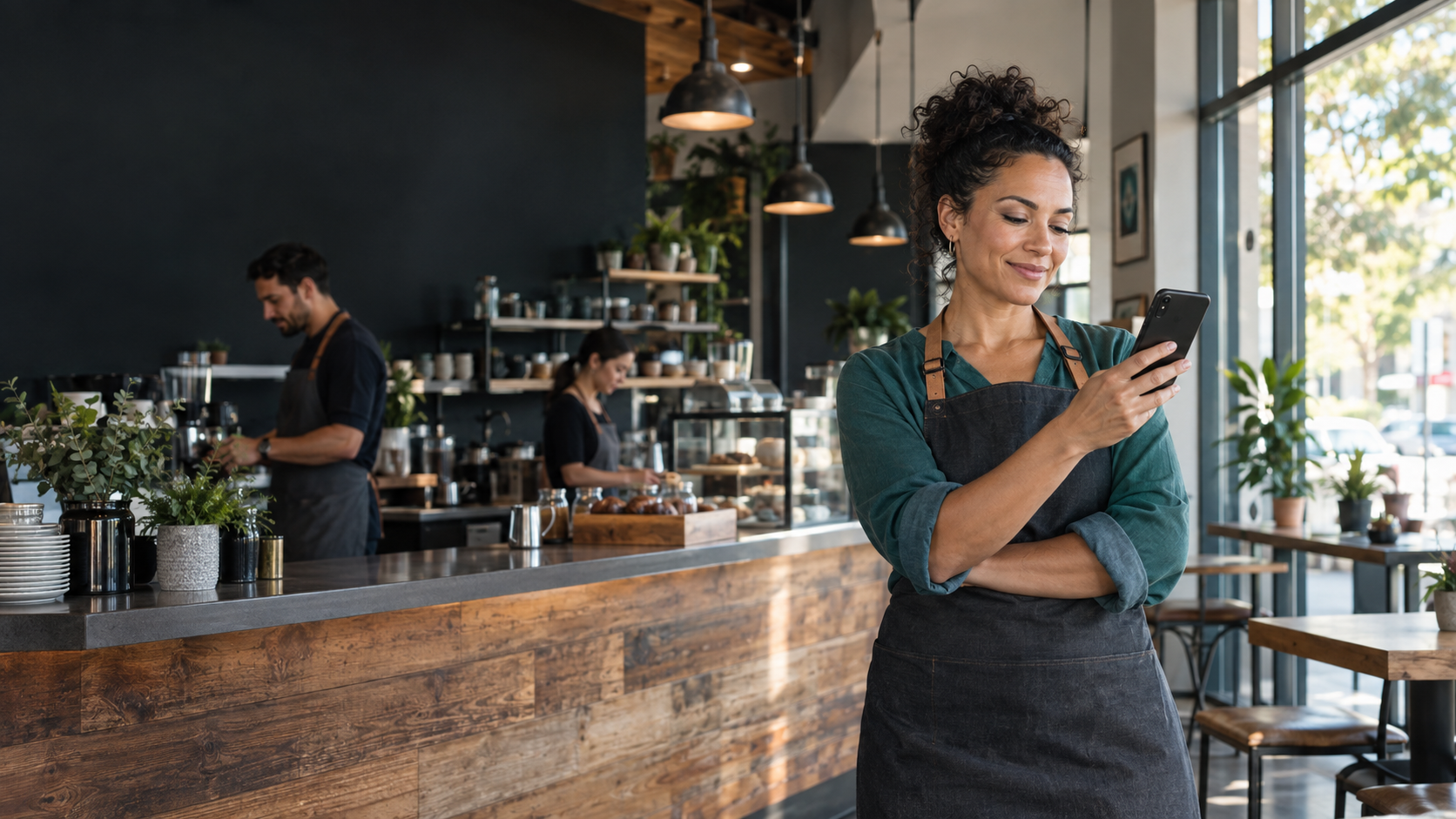 A cafe owner checking customer messages on her phone while her team works nearby